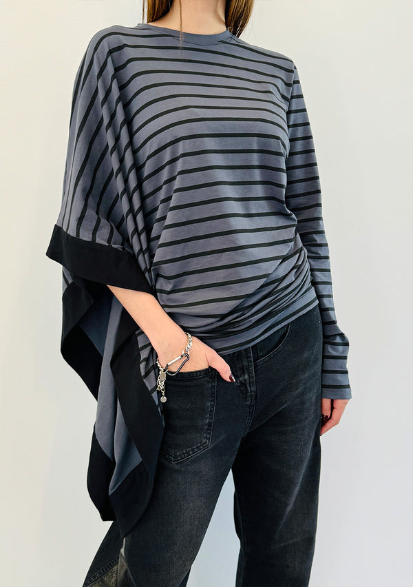 Asym Sleeve Stripe Shirt - Grey