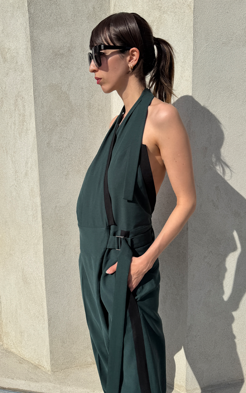 Asym Open Back Jumpsuit - Forest Green