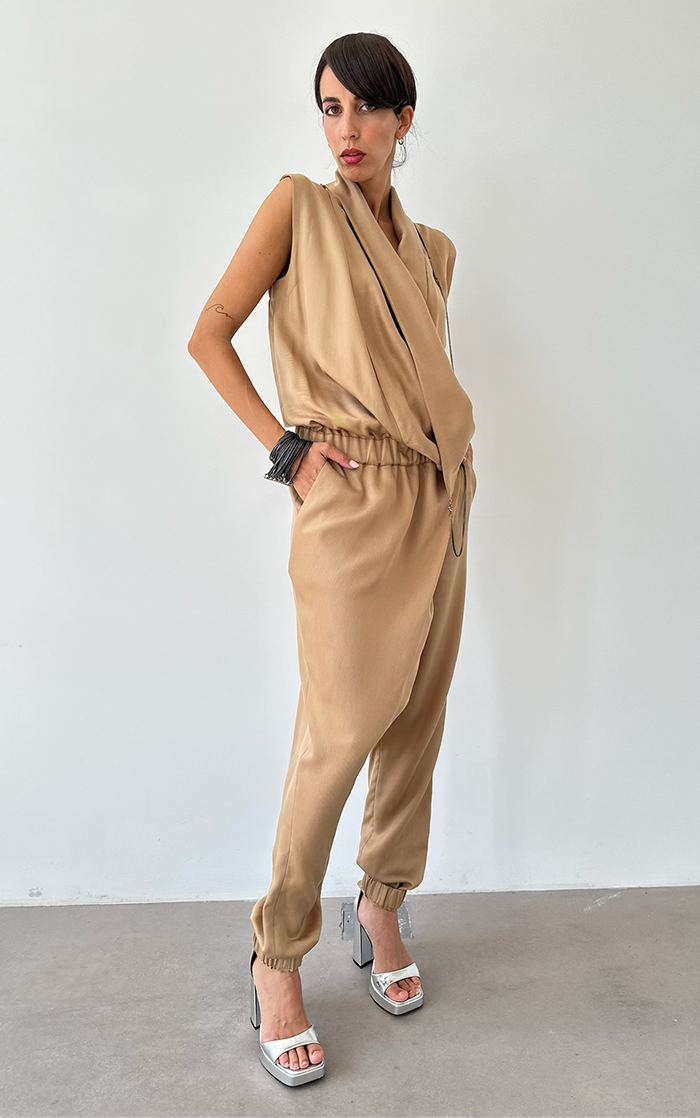 Asym Drape Jumpsuit - Beige