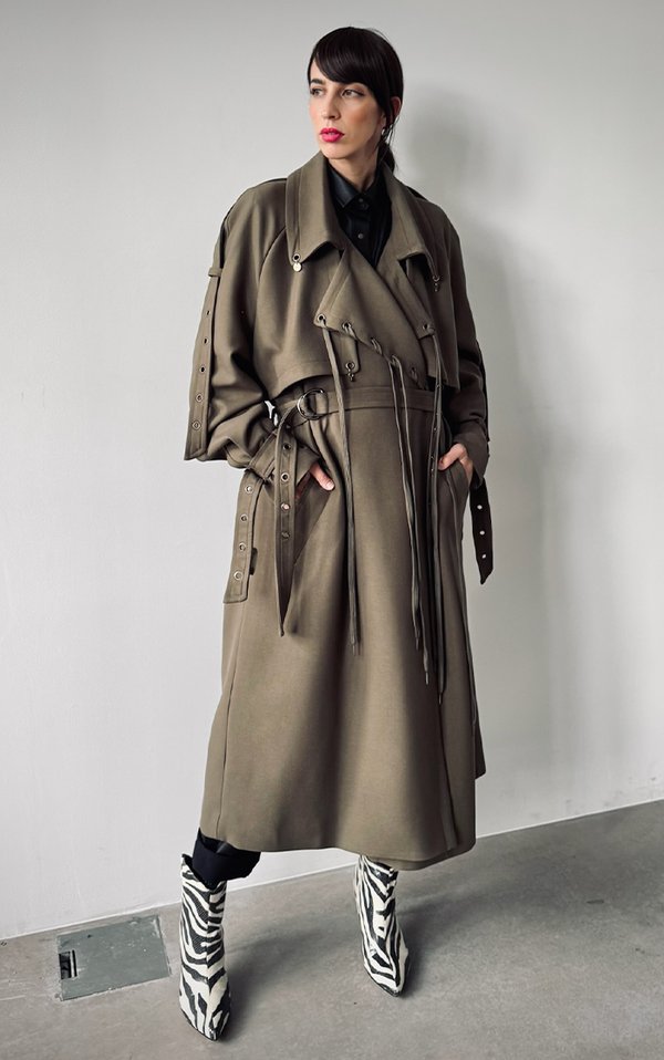 Pierced Trench Coat - Olive Green