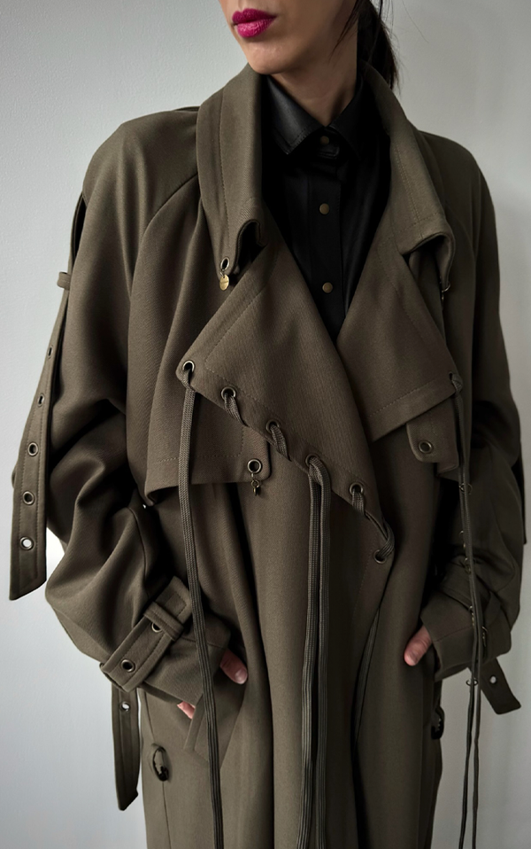 Pierced Trench Coat - Olive Green