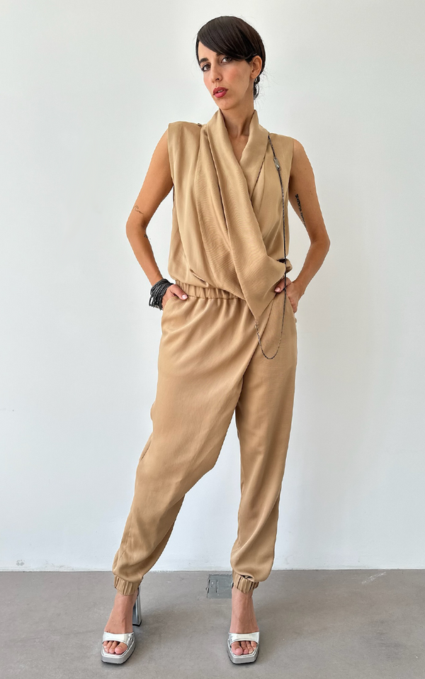 Asym Drape Jumpsuit - Beige