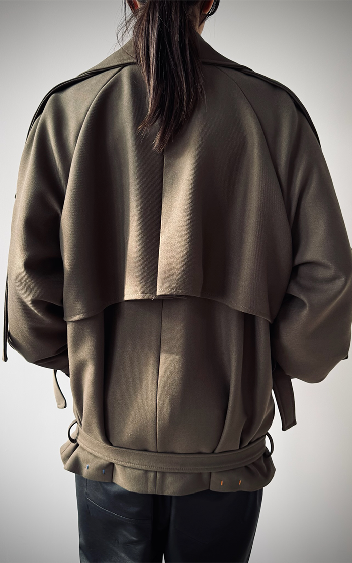 【完売品】GRANCY Pierced Tuck Tailored Jacket Pierced Trench Jacket - Olive Green – JSP Ready