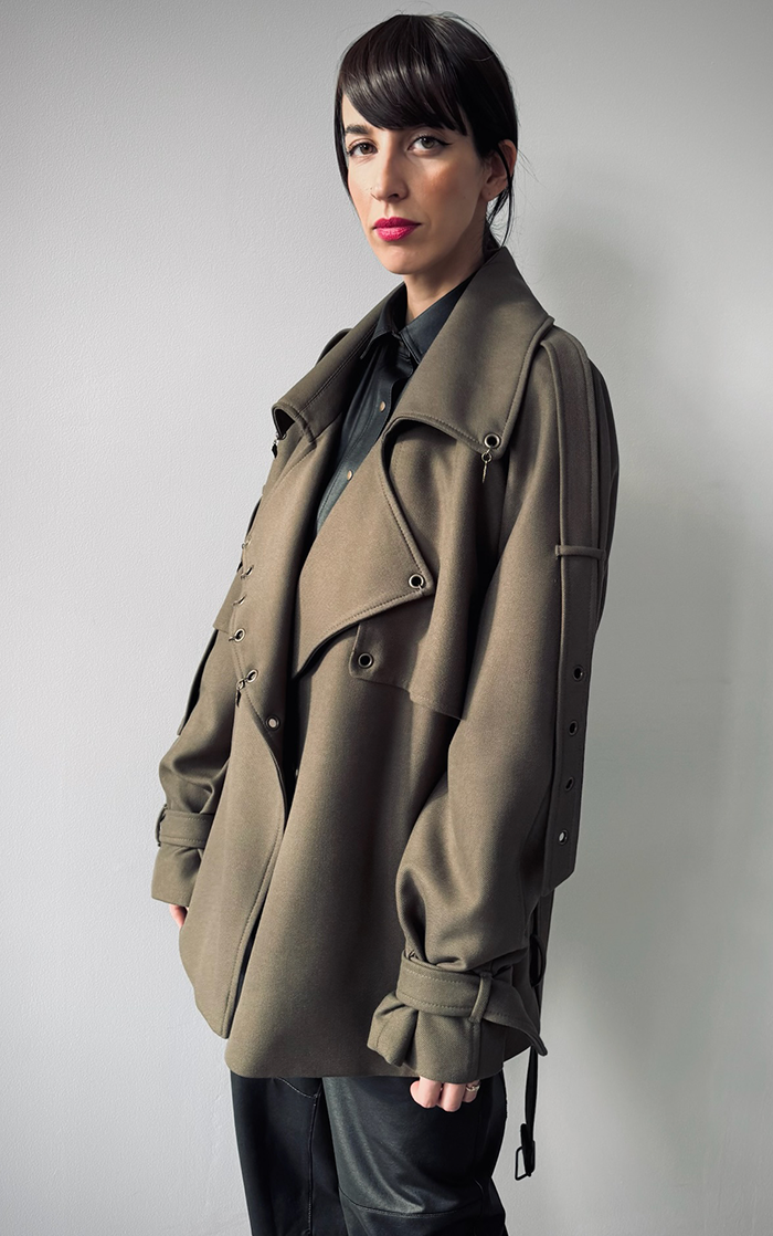 【完売品】GRANCY Pierced Tuck Tailored Jacket Pierced Trench Jacket - Olive Green – JSP Ready