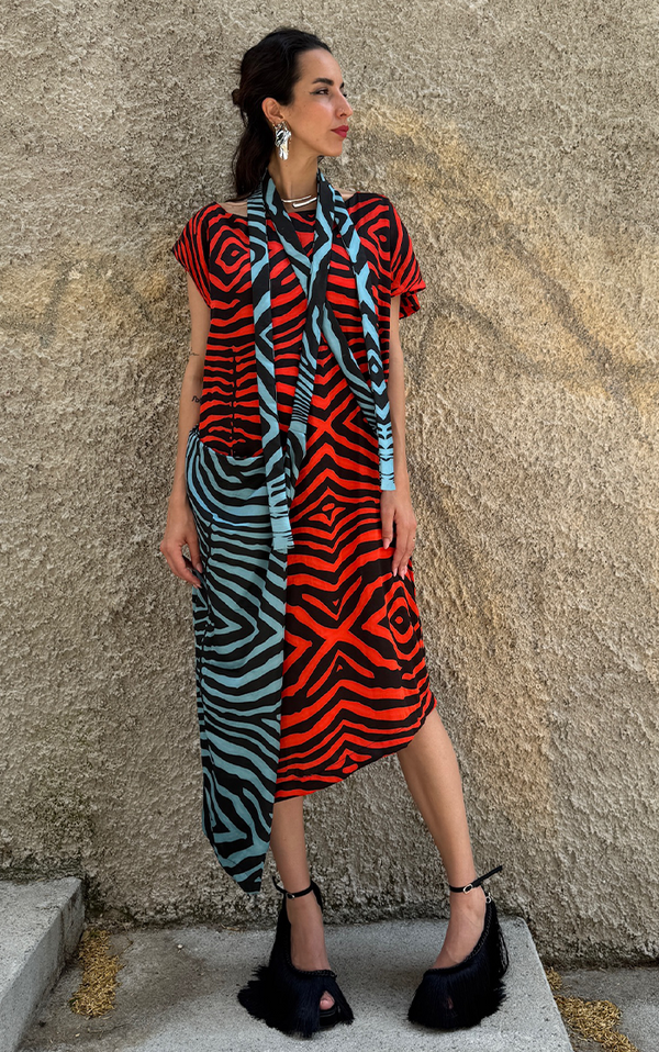 Zebra Wrap Dress - Blue/Red
