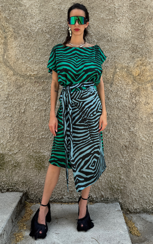 Zebra Wrap Dress - Blue/Green