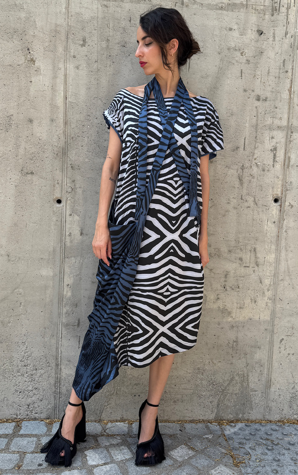 Zebra Wrap Dress - Blue/Gray