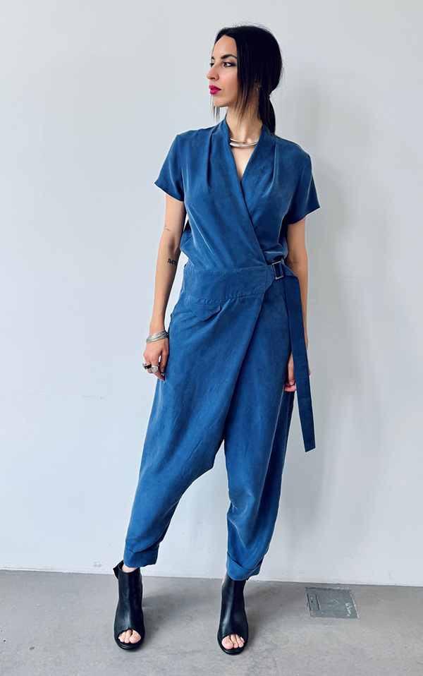 Silk Wrap Jumpsuit - Denim Blue