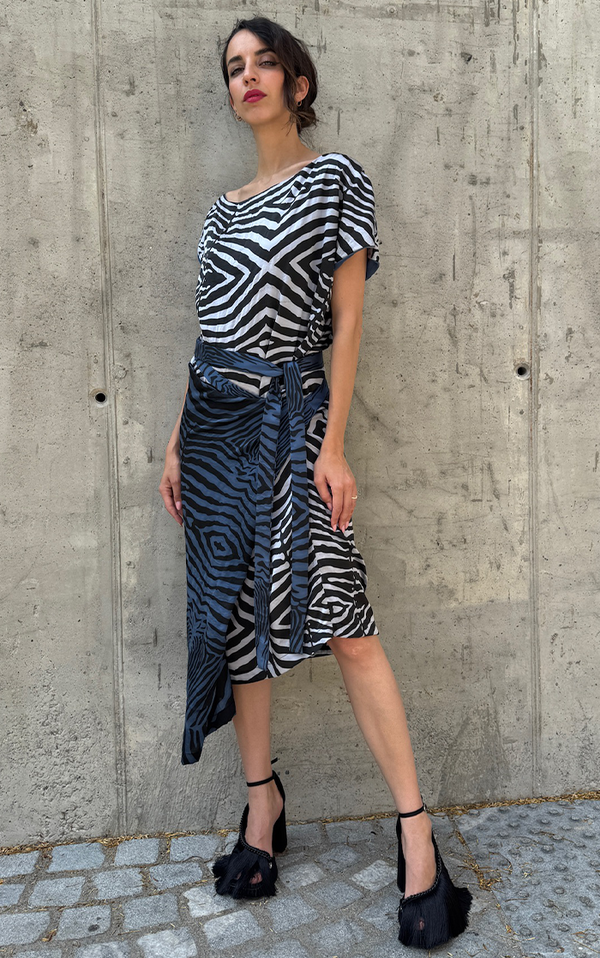 Zebra Wrap Dress - Blue/Gray