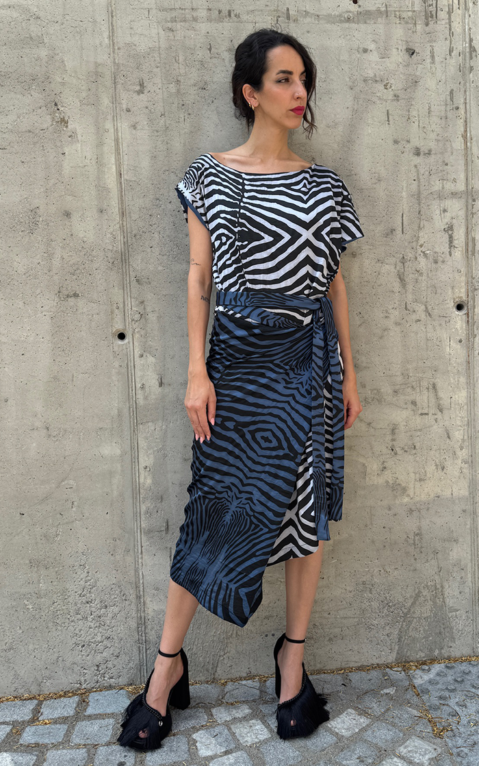 Zebra Wrap Dress - Blue/Gray