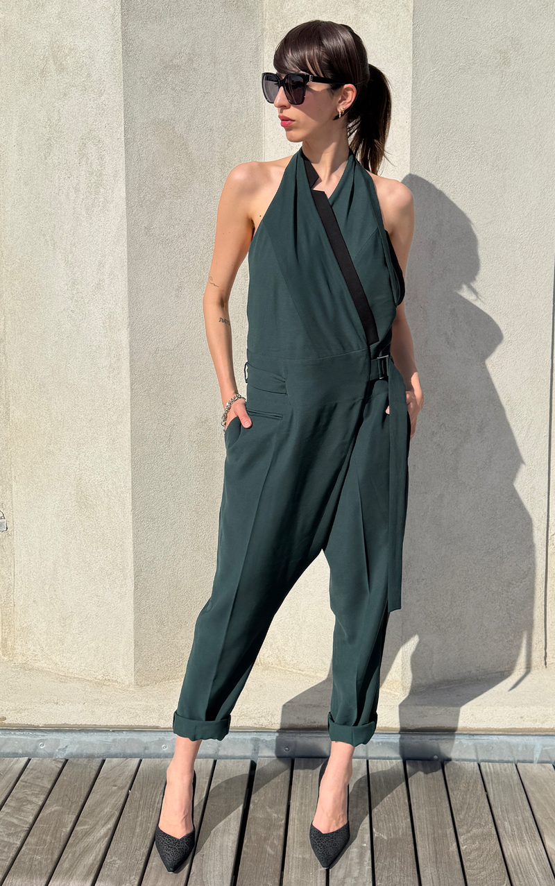 Asym Open Back Jumpsuit - Forest Green