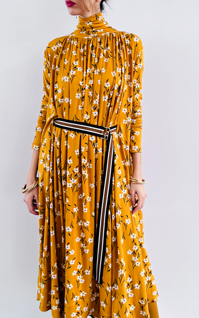 Turtleneck Trapeze - Floral Dress Mustard