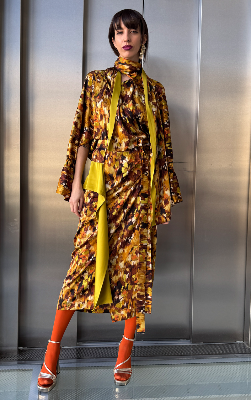 Multicolor Wrap Dress - Mustard