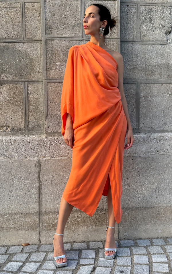 Asym Drape Dress-Orange