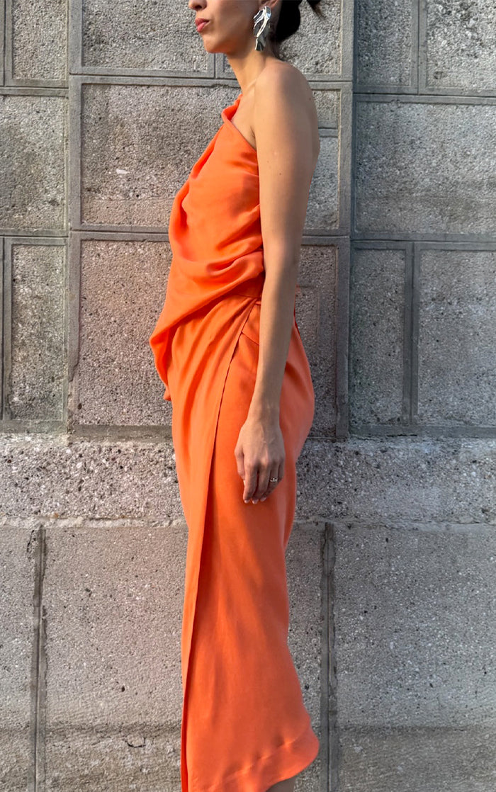 Asym Drape Dress-Orange
