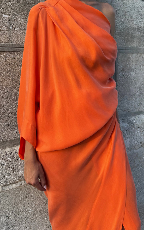 Asym Drape Dress-Orange