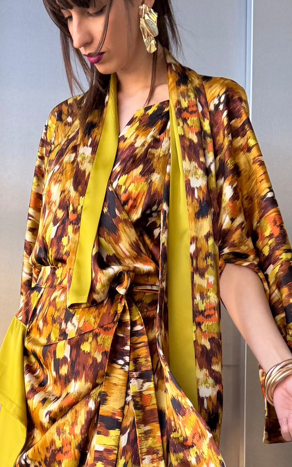 Multicolor Wrap Dress - Mustard