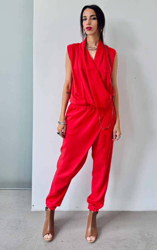 Asym Drape Jumpsuit - Coral