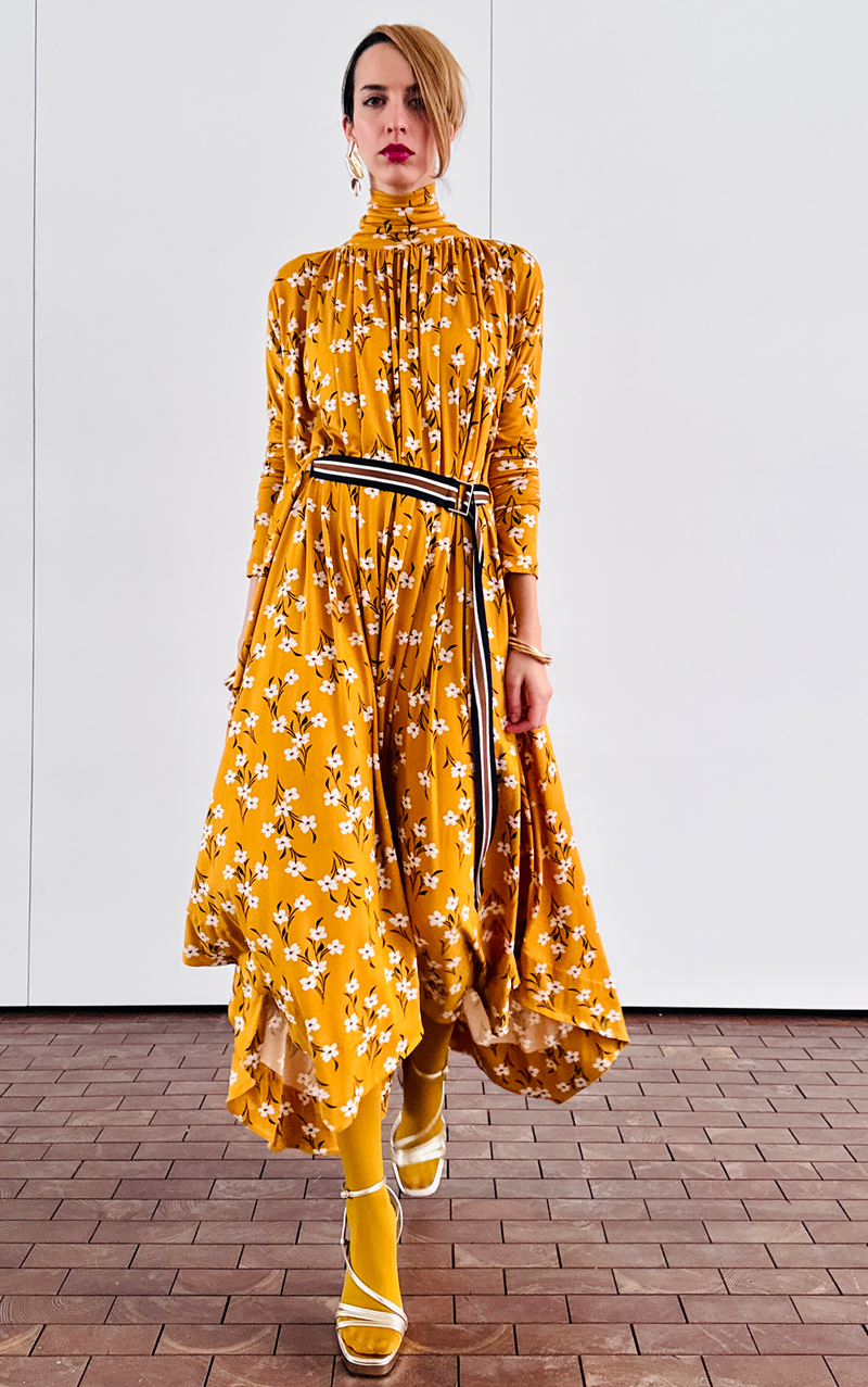 Turtleneck Trapeze - Floral Dress Mustard