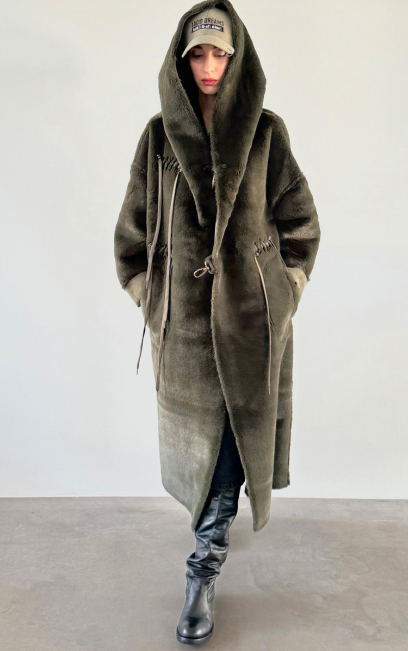 Faux Fur Reversible Parka - Olive Green