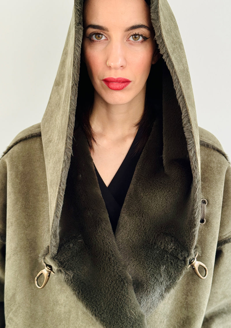 Faux Fur Reversible Parka - Olive Green