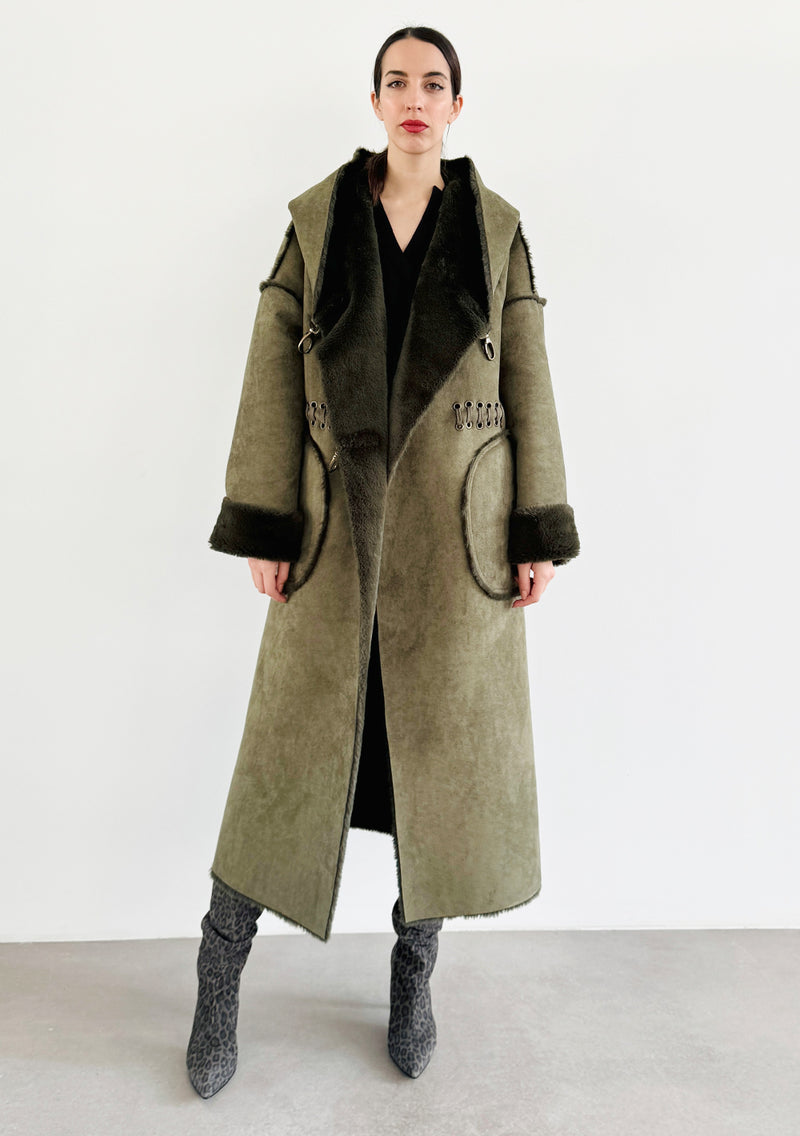 Faux Fur Reversible Parka - Olive Green