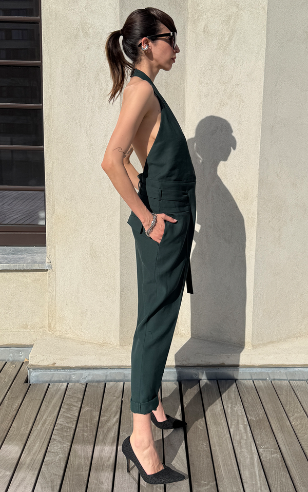 Asym Open Back Jumpsuit - Forest Green