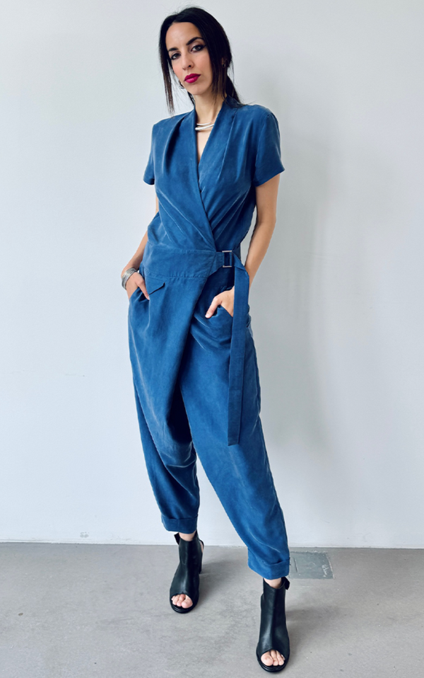 Silk Wrap Jumpsuit - Denim Blue