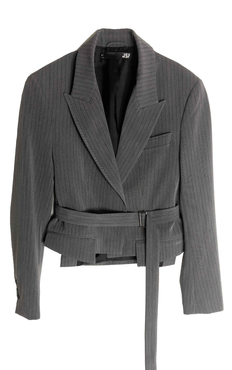 Cropped Suit Jacket - Stripe Grey