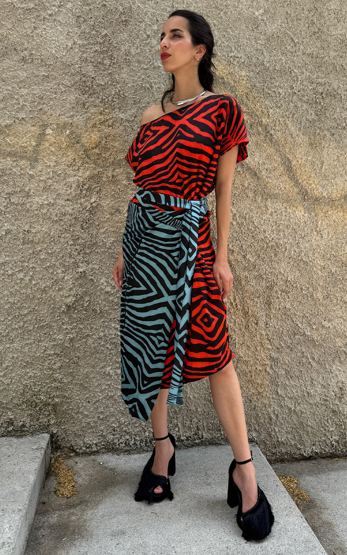 Zebra Wrap Dress - Blue/Red