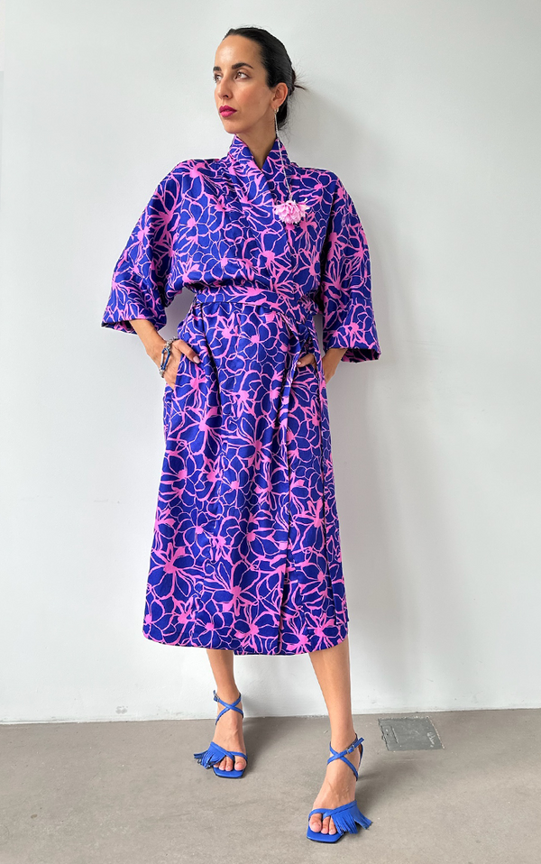 Flower Kimono Long - Blue/Pink