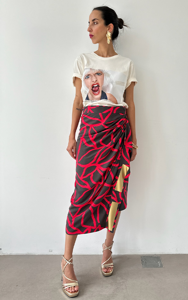 Wrap Skirt - Coral/Brown