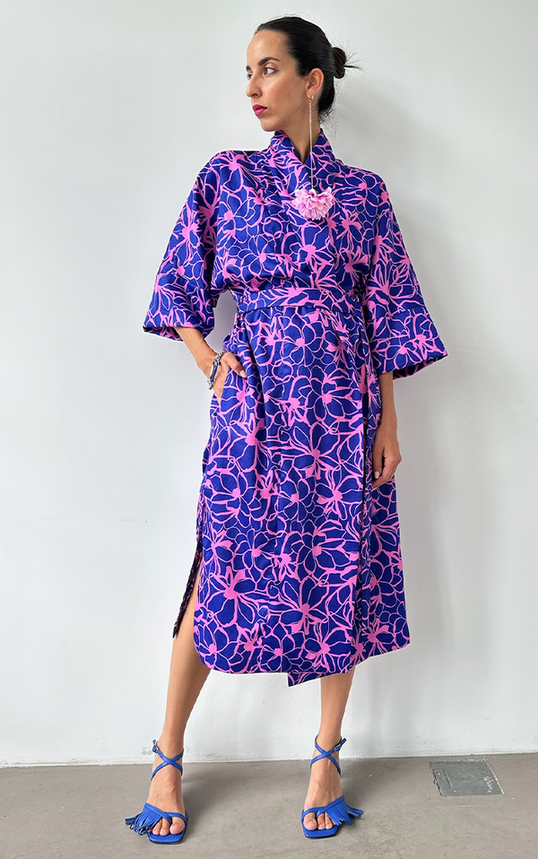 Flower Kimono Long - Blue/Pink