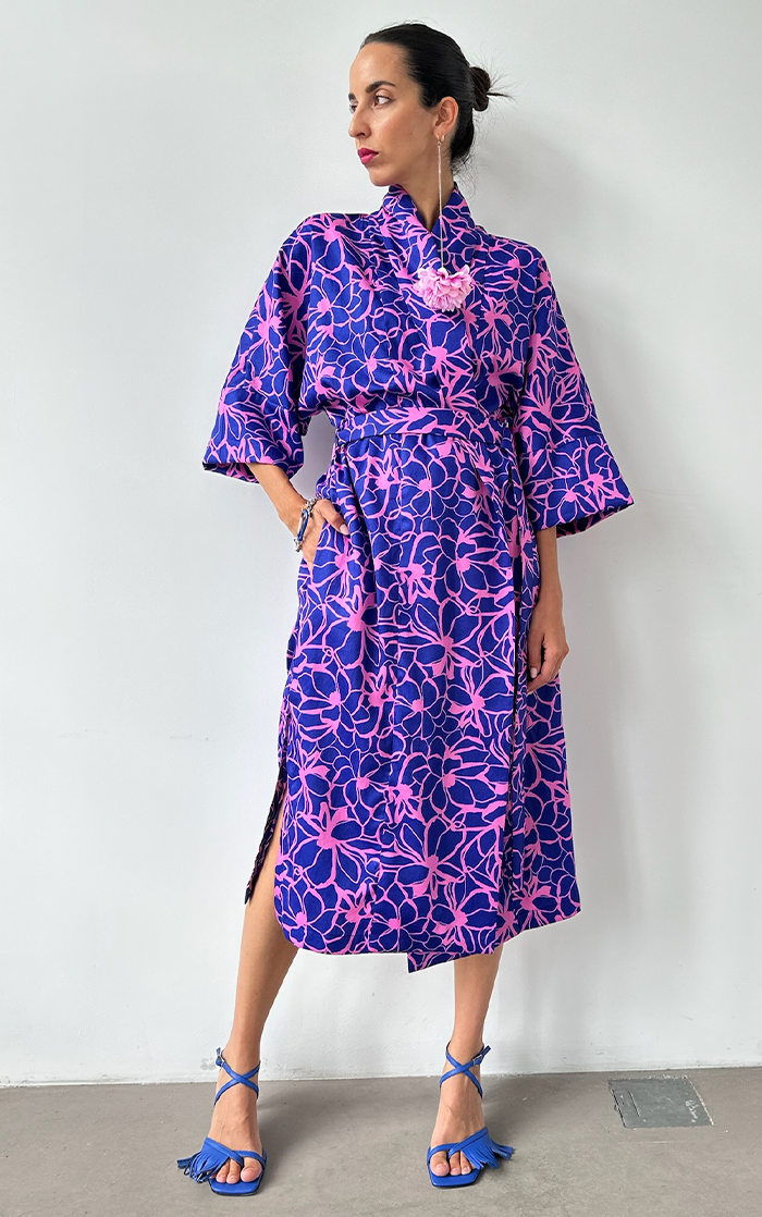 Flower Kimono Long - Blue/Pink