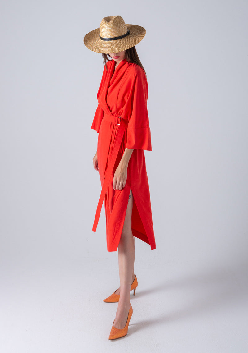 Kimono With Belt-Coral Red