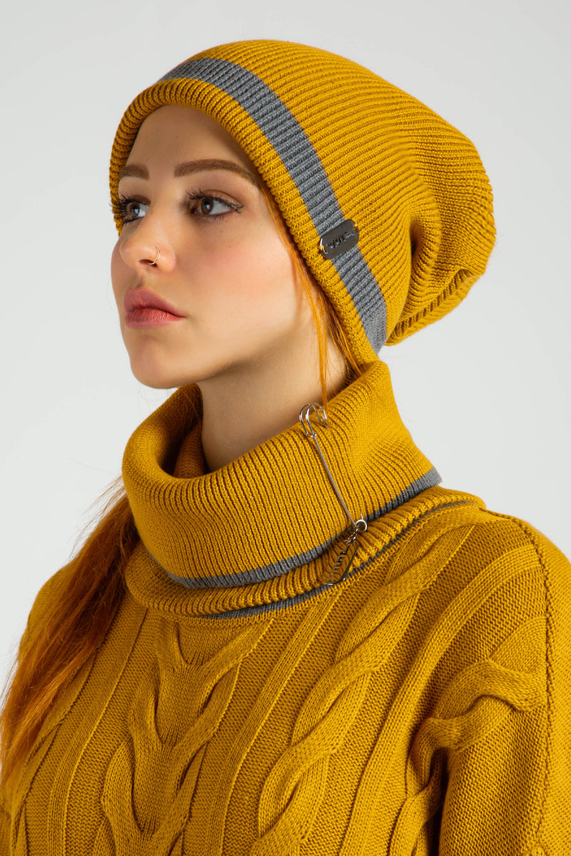 Double Sided Beanie - Curry / Grey