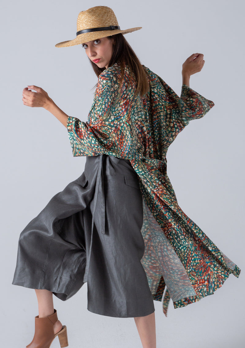 Printed Kimono With Belt-Green